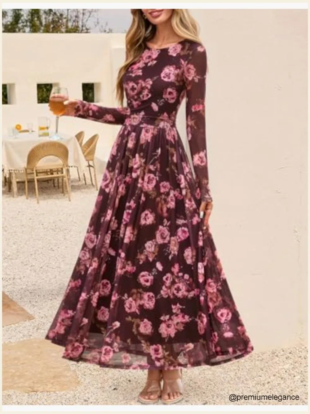 Long Sleeve Crewneck Floral Print Mesh Ruched Maxi Dress - Picture 5 of 7